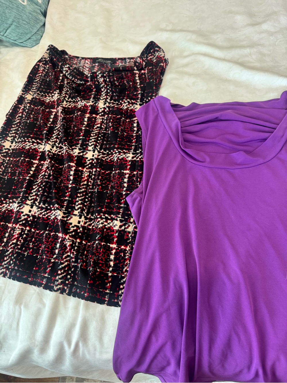 two blouses Evan Picone, red black & cream. Calvin Klein purple.